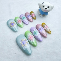 100% uñas artificiales hechas a mano Flor de color en forma de almendra uñas portátiles hechas a mano reutilizables de alta calidad