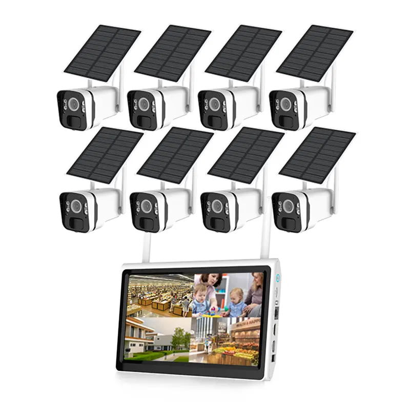 4MP*8 8CH 10Inch HD Screen Monitor 3DNR H.265+ Sound Light Alarm Built-in-Battery Solar Power Bullet WiFi NVR KITs