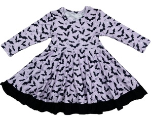 Qingli ODM Custom Factory NO Tariff Custom Bat Pattern Prints with <strong>Ruffle</strong> <strong>All</strong> Season Girls Long-sleeve Twril <strong>Dress</strong> - Product Image 1