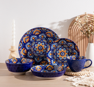 Bohemian Colorful Deep Blue Plant Painted Eco-Friendly Durable Microwave Safe Ceramic Dinnerware <b>Set</b> 18/20/24/36 <b>Pieces</b> Custom - Product Image 1