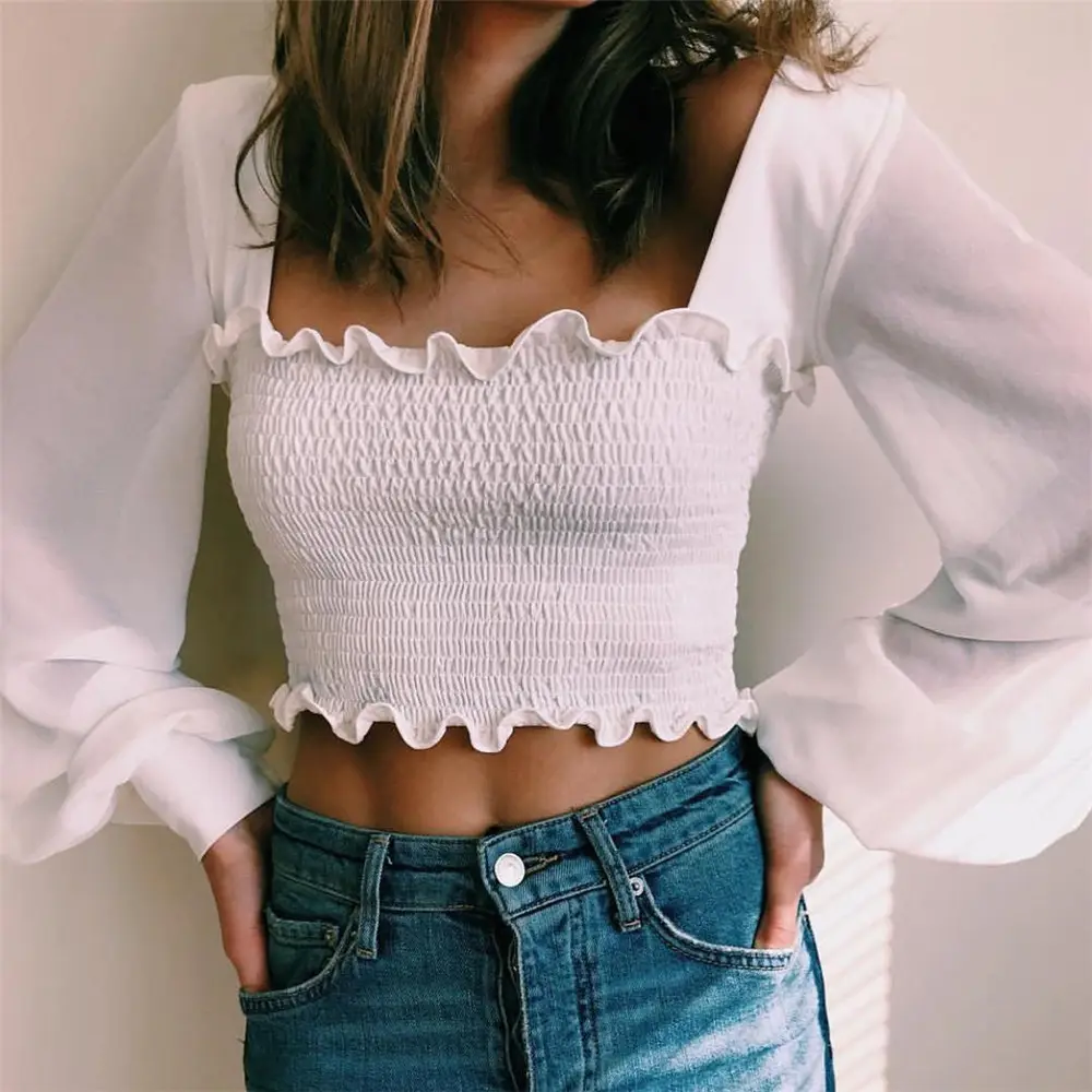 Coldker Off Shoulder Crop Tops Frauen Sommer schwarz und weiß Laterne Ärmel Hemden Lady Sexy Slash Hals Strand bluse