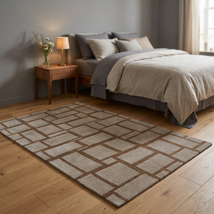 Tapis géométrique moderne rectangulaire beige et marron à motif quadrillé, à poils moyens, tufté, avec envers antidérapant en caoutchouc pour chambre à coucher et décoration intérieure - Product Image 6