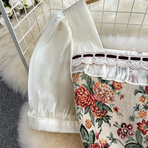 Özelleştirilmiş tarzı fener kısa kollu kare boyun patchwork jakarlı kemer orta uzunluğu evaze elbise - Product Image 2