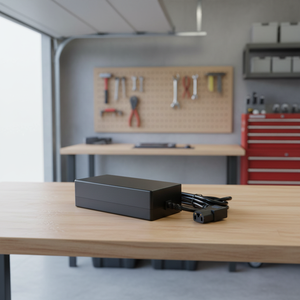 Black power adapter with cable placed on wooden workbench in modern garage workshop setting with tools storage - Product Image 2
