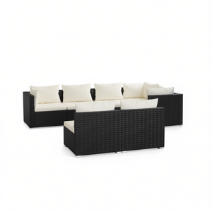 Ensemble de salon de jardin en rotin noir et crème, acier thermolaqué, sièges en plastique durable avec coussins, mobilier d'extérieur pour 7 personnes - Product Image 1