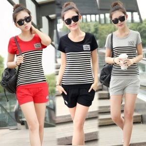 Women's Casual Shorts Set Striped Two-Piece Gray Sportswear Summer Wear - Product Image 3