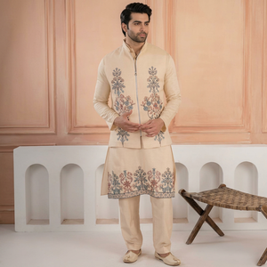 <b>Mens</b> Traditional A-Line Embroidered Kurta <b>Pajama</b> Set | Premium Ethnic Sherwani Style Kurta Floral Spring/Autumn/Winter/Summer - Product Image 1