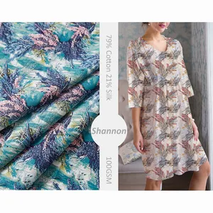 Free sample Floral print 79% cotton 21% silk 100gsm woven Poplin Fabric for dress