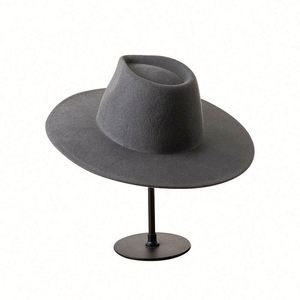 High Quality 100% Wool Winter 9.5cm Flat Wide Brim Australian Wool Felt Fedora Cowboy Hat - Product Image 4