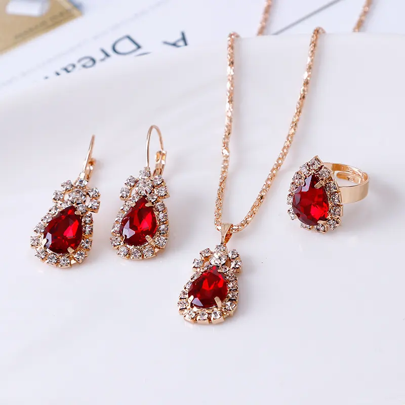 Fashionable Personality Water Drop Water Diamond Necklace Earrings Ring Bridal Jewelry 3 Piece Set