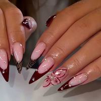 24 faux ongles à presser en amande, faits main, de luxe, avec strass 3D, motif floral, paillettes, à coller, pour femmes, haute qualité