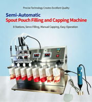 Machine de remplissage semi-automatique pour sachets à bec verseur, remplisseuse de liquides servo avec bouchage manuel pour jus, lait de soja, détergent