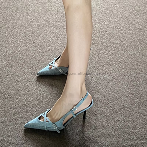 Factory Wholesale New Sandals Blue Denim <b>Covered</b> <b>Head</b> One Line Stiletto Heels Women - Product Image 3