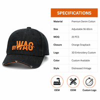 Casquette Trucker en Denim Personnalisée 6 Panneaux avec Logo Brodé en Relief 3D, Visière Orange Effet Vieilli, Vente en Gros Streetwear
