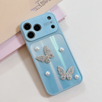 Coque de téléphone 3D papillon strass perle avec grande fenêtre, scintillante, laser, antichoc pour iPhone 18 Pro Max 17 16 15