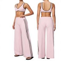 Ensemble 2 pièces pour femme, haut court sans manches, pantalon large taille haute, motif rayé sur le côté, tricoté, respirant, style sportif