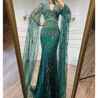 Vert Cape Manches Sirène Dubaï Arabe Robes De Soirée Serene Hill LA72094 Formelle Perlée Robes Pour Les Femmes De Noce