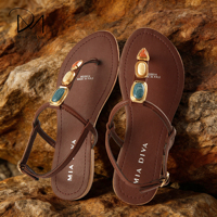 MIA DIVA Nouveauté Sandales pour femmes de luxe ethniques ornées de pierres pour les vacances d'été à la plage