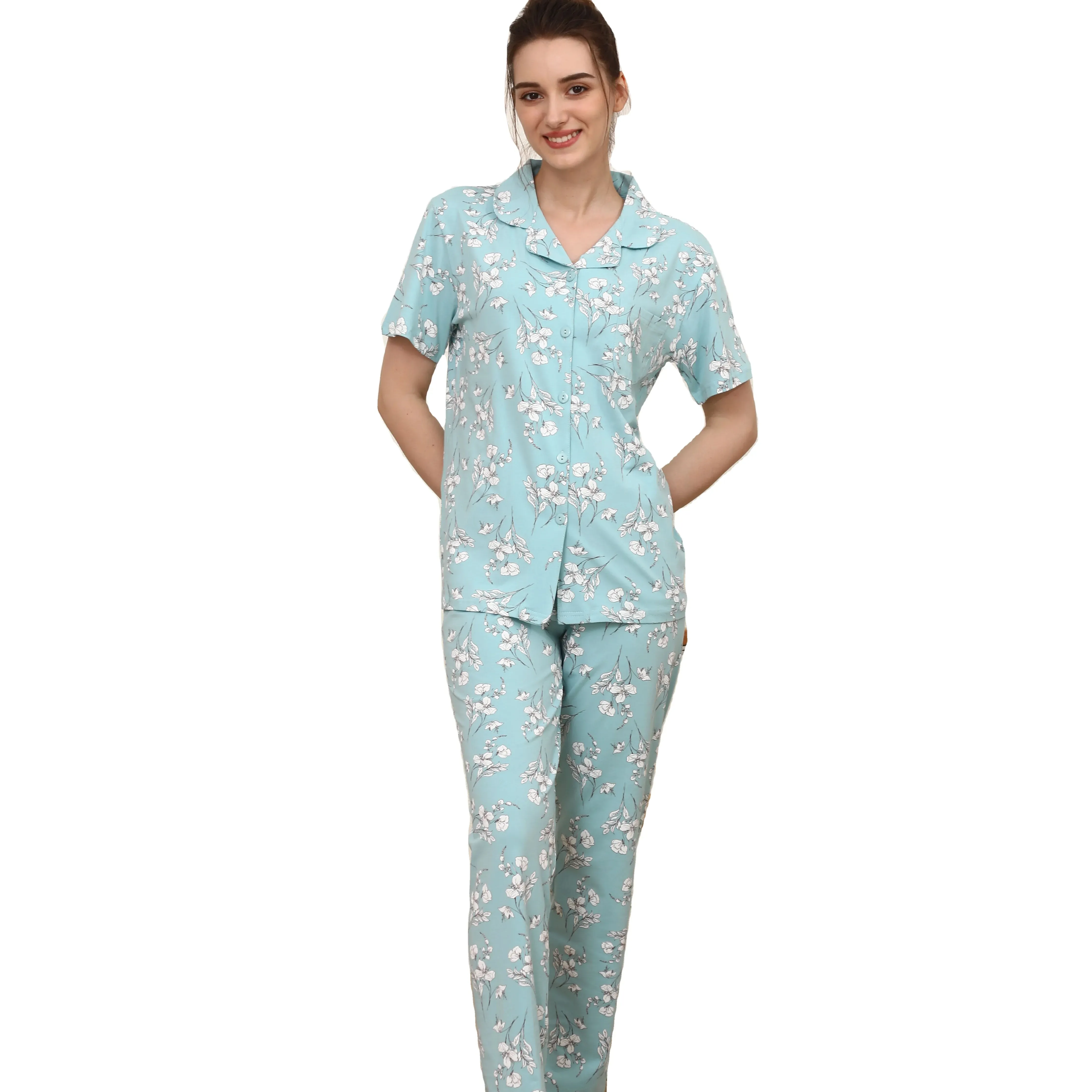 Groothandel Bloemenprint Korte Mouwen Pyjama Katoenen Tweedelige Set Koreaanse Casual Nachtkleding Nachtkleding Met Zak Voor Dames