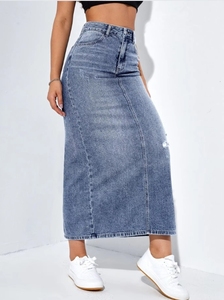Oem ODM Chất lượng cao Phụ nữ thêu denim maxi váy giản dị cao tầng đường phố chia fray Midi váy - Product Image 5