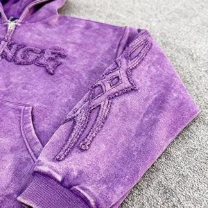 Sudadera con capucha de forro polar transpirable estilo urbano vintage desgastado 2026, personalizada con bordado 3D, unisex, corte holgado, con cremallera y estampado. - Product Image 3