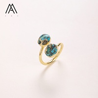 Bague réglable bohème vintage avec double pierre turquoise plaquée or 18 carats pour mariages