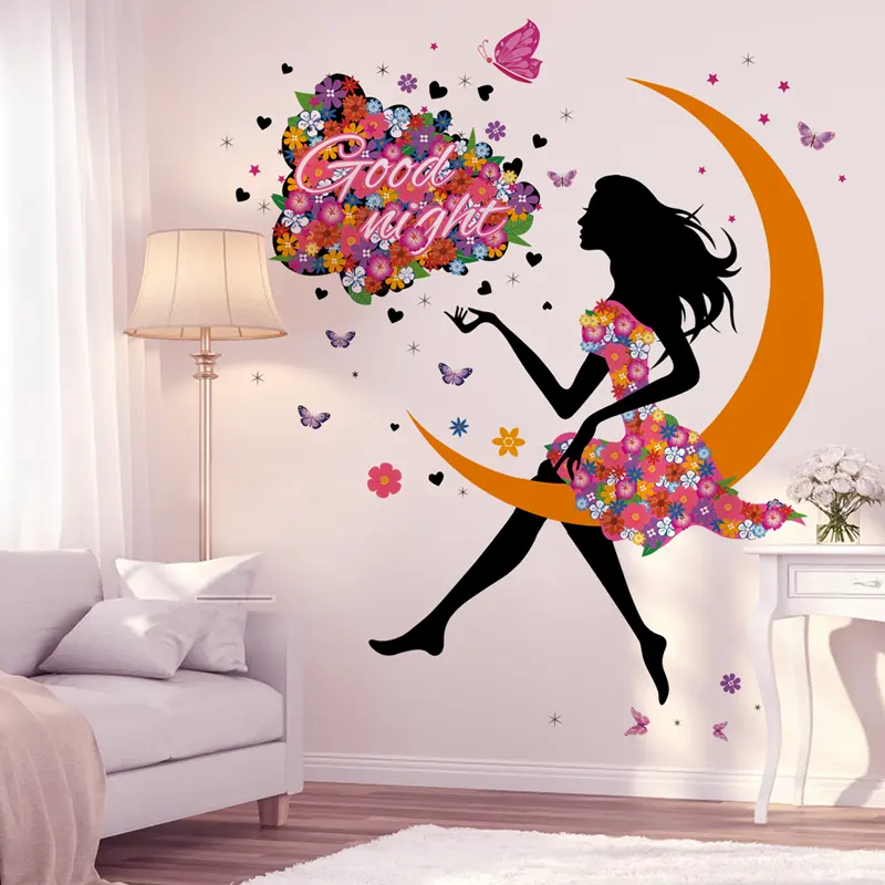 Fashion Beauty With Colorful Flowers Dress Wall Mural Elegant Women With Moon Wall Stickers Good Night Wallpaper Cute Home Decor