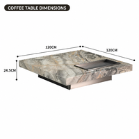 Table basse carrée de luxe moderne, plateau en marbre brun Venise naturel de 18 mm, base en acier inoxydable gris titane brossé