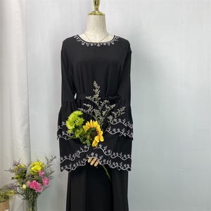 Cute Crew Neck With White Flowers Embroidery Double Layers Trumpet Sleeves Muslim Islamic Women Abaya Dress 6110# - Product Image 6