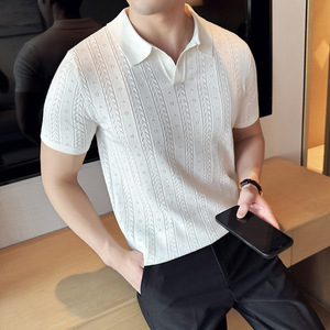 T-shirt en maille jacquard à rayures creuses pour homme, col en V respirant, <span class=keywords><strong>polo</strong></span> de couleur unie pour l'été, le style décontracté et le sport - Product Image 3