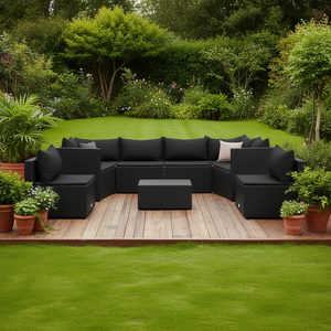 ชุดเฟอร์นิเจอร์หวายสีดำสำหรับสวนลานบ้าน 9 ชิ้น ดีไซน์ร่วมสมัย ทนทานต่อสภาพอากาศ สำหรับนั่งได้ 8 คน - Product Image 2