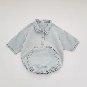 Guangzhou Factory Baby Denim Shirt Romper Light Blue Lightweight Denim Kid Overalls