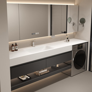 Meuble <span class=keywords><strong>de</strong></span> <span class=keywords><strong>salle</strong></span> <span class=keywords><strong>de</strong></span> <span class=keywords><strong>bain</strong></span> intégré avec <span class=keywords><strong>machine</strong></span> <span class=keywords><strong>à</strong></span> <span class=keywords><strong>laver</strong></span>, combinaison vasque en dalle <span class=keywords><strong>de</strong></span> roche, design minimaliste moderne, miroir intelligent et rangement - Product Image 2