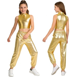 Haut court métallisé pour filles de 6 à 16 ans avec pantalon brillant pour entraînement, gymnastique, costumes de spectacle, compétition de danse latine et de danse de salon - Product Image 2