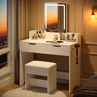 Tabouret de coiffeuse avec miroir LED à commande tactile (3 modes de couleur), 2 tiroirs, support pour sèche-cheveux, maquillage écologique