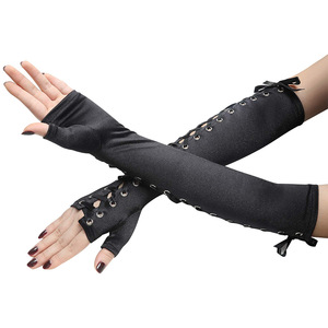 Purple <b>Ribbon</b> Fingerless Gloves With Lace-Up Design For Costume Or Bridal Wear - Product Image 4