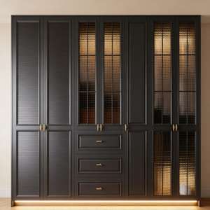 Armoire de couple en bois massif de luxe sur mesure, porte en verre à grille noire, éclairage intégré, dressing intégré - Product Image 6