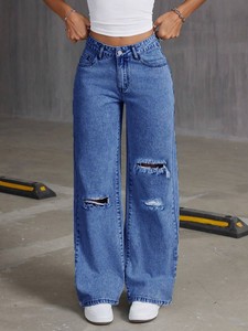<span class=keywords><strong>Jeans</strong></span> de <span class=keywords><strong>Mujer</strong></span> de Cintura Alta, Holgados, de Pierna Ancha y Recta con Roturas - Product Image 4
