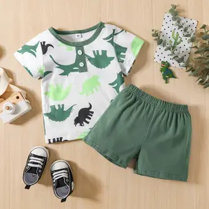 Summer New Trend Cotton Children Round Neck Short sleeved T-shirt + Shorts Suit Cartoon Dinosaur Baby Boys Girls Tracksuit