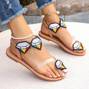 Casual Beach Flat Sandals Women Clip Toe Color <b>Block</b> Diamond Embroidery Elastic Ankle Strap Summer Footwear - Product Image 2