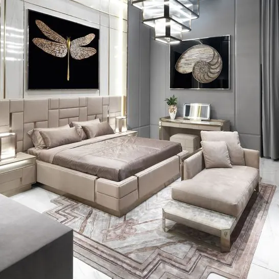 Moderno muebles de dormitorio de lujo tapizado de cuero real italiano la cama con ampliado cabecera rey tamaño blanco cama de cuero