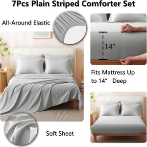 Ensemble de literie douce 7 pièces : Couette alternative au duvet, draps, taies d'oreiller et housses de couette, uni ou rayé, matelassé - Product Image 6