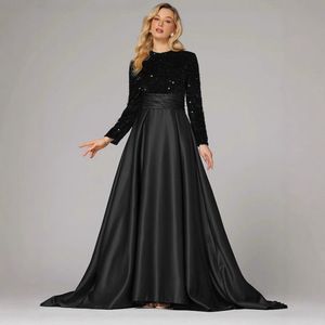 Robe de soirée longue à manches longues et col haut en sequins dorés, robe de soirée formelle pour femmes, jupe en satin longue, tenue élégante pour banquet - Product Image 4