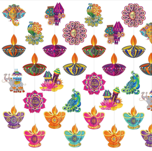 Festival de luces fiesta hindú Ganesha Pavo Real Rangoli feliz Diwali casa puerta ventana cadena cortina banderas pancartas banderines Decoración - Product Image 1