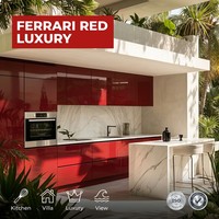 Meubles de cuisine modernes sur mesure en bois laqué rouge brillant, cuisine modulaire avec îlot en marbre et évier