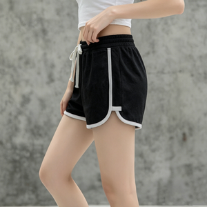Shorts en velours noir pour femme, taille haute, cordon de serrage, passepoil contrastant, tenue décontractée d'été, tissu respirant et doux, vente en gros - Product Image 2