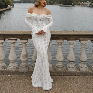 Vestido de Encaje con Hombros Descubiertos, <span class=keywords><strong>Manga</strong></span> <span class=keywords><strong>Larga</strong></span>, Corte Evase, Cintura Alta y Falda de Cola de Pez, Casual y Elegante para Mujer - Product Image 2