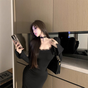 Gray Long Sleeve Slash Neck Bodycon Dress With Slit For Women Autumn Slim Fit Fishtail Inner Dress Natural Waistline City - Product Image 4