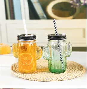 Hot bán tùy chỉnh trong suốt lạnh uống xử lý lọ thủy tinh Mason Jar với nắp và rơm