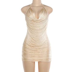 Custom Women Clothing Cross-Border Women V-Neck Halter Backless Exposed Shoulder Sexy Backless Party Club Pleated <strong>Dress</strong> - Product Image 1